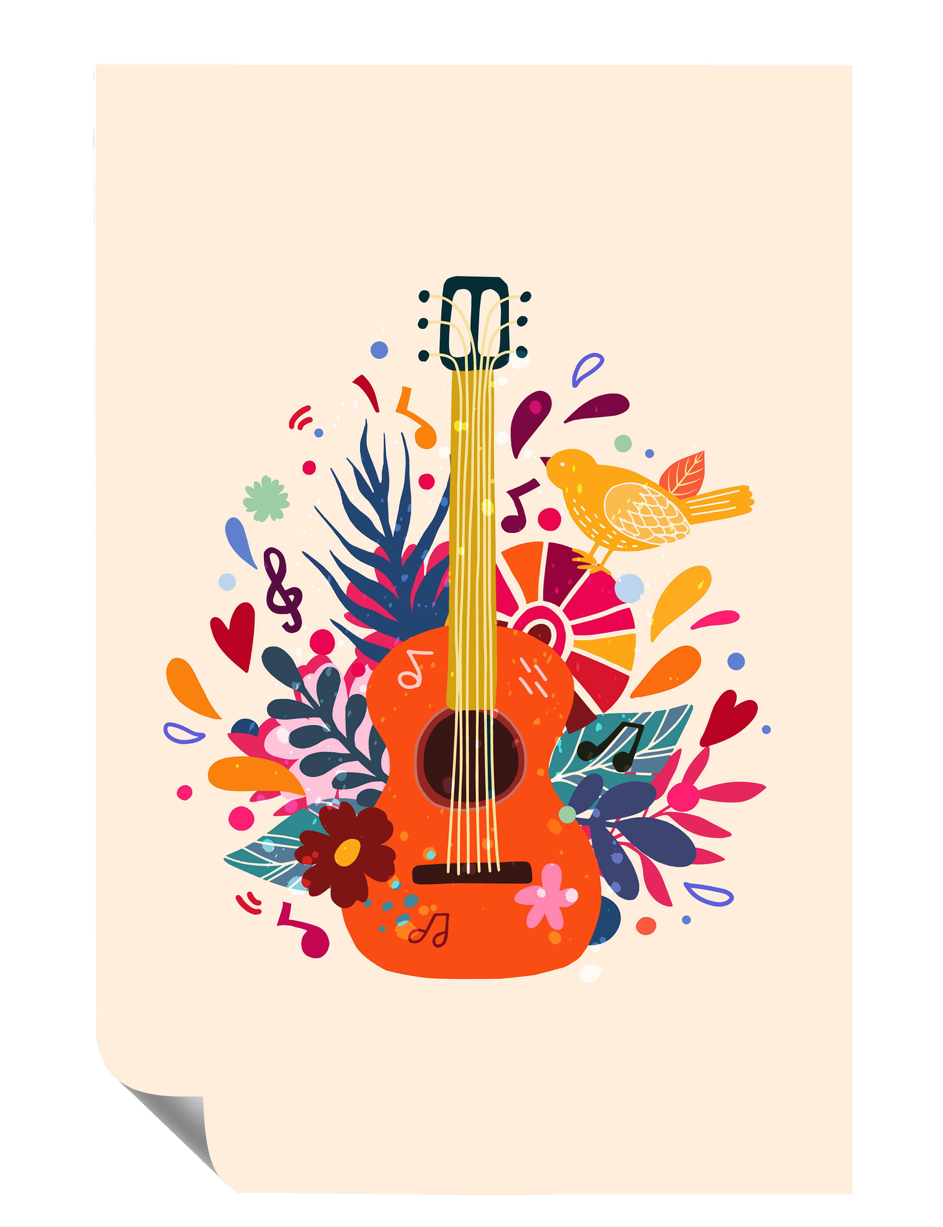 Gitarre Blumen Blätter Vogel Bunt Kunstdruck Poster P0294