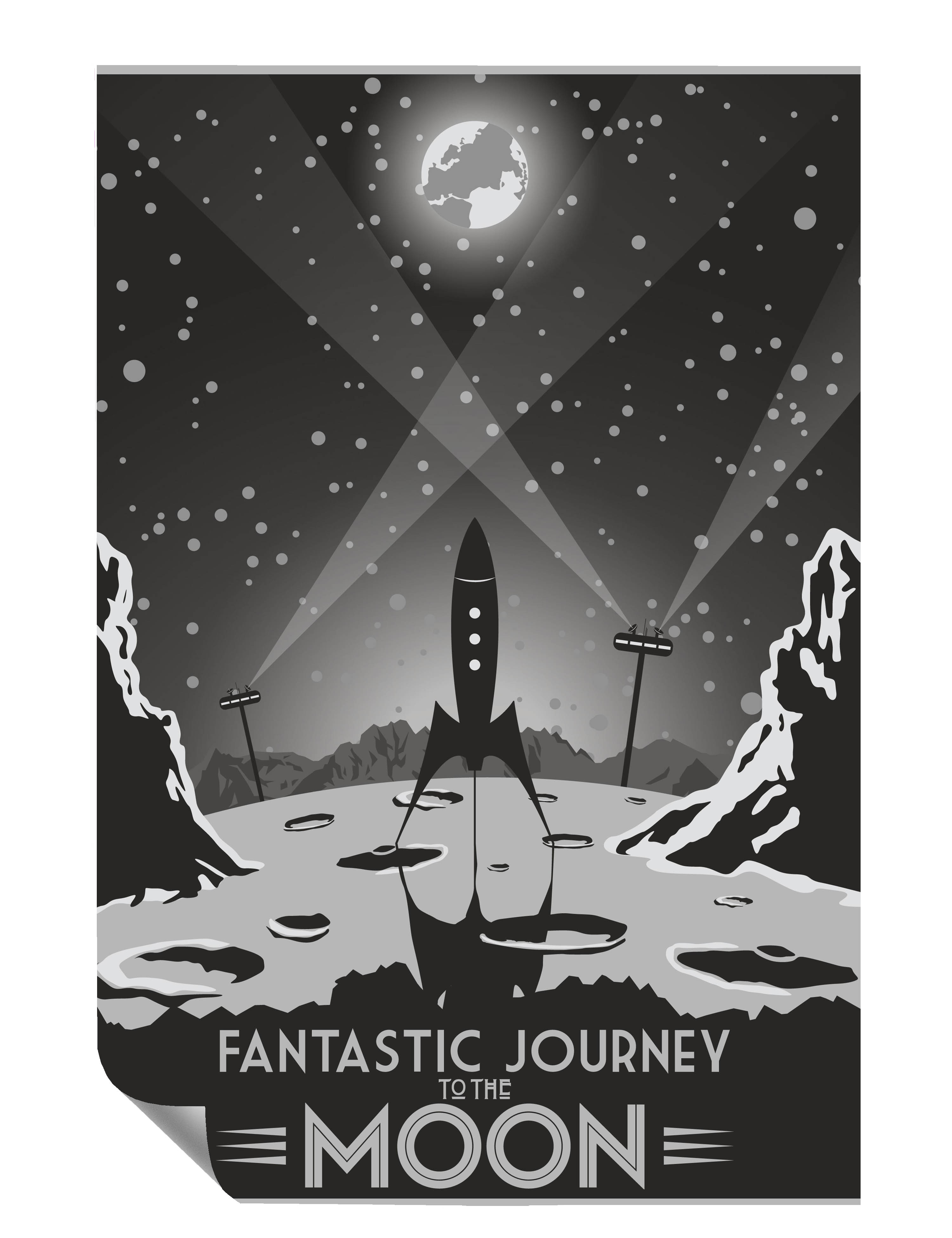 Retro Rakete Journey To Moon Illustration Poster P0422
