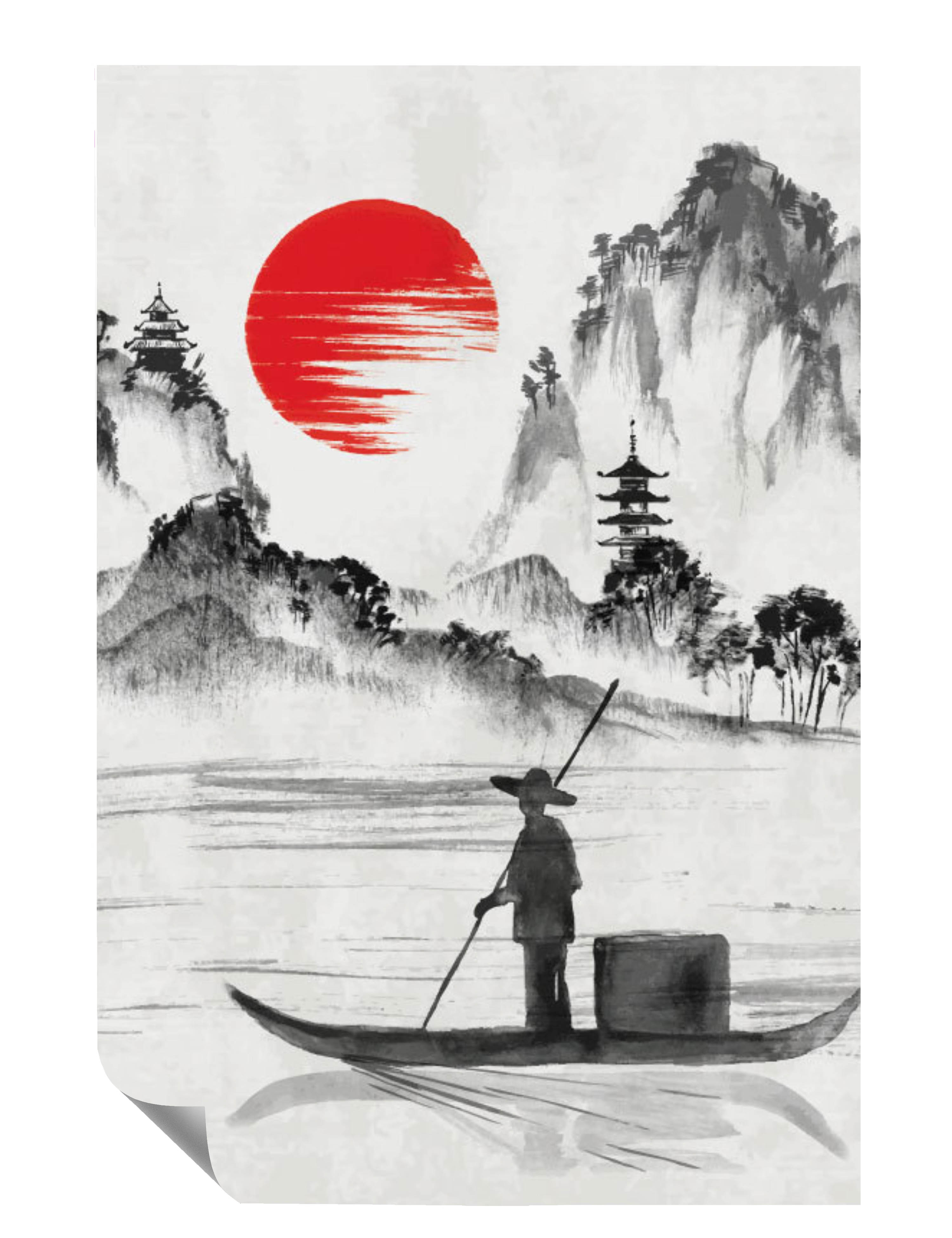 Bootfahrer Gebirge Sonne Asiatisches Gebäude Poster P0074
