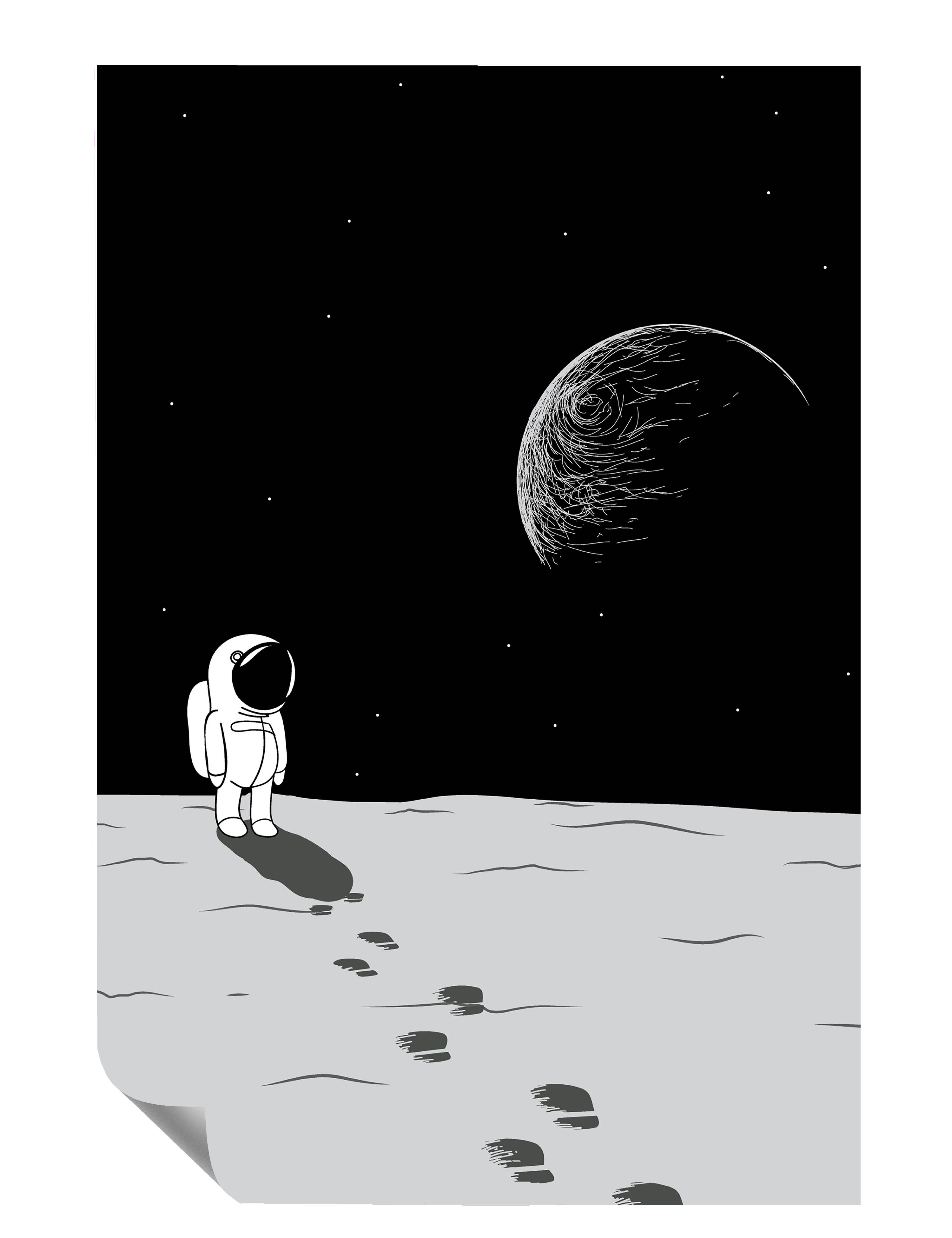 Kleiner Astronaut Mond Erde Weltraum Fußspuren Illustration Kunstdruck Poster P0441