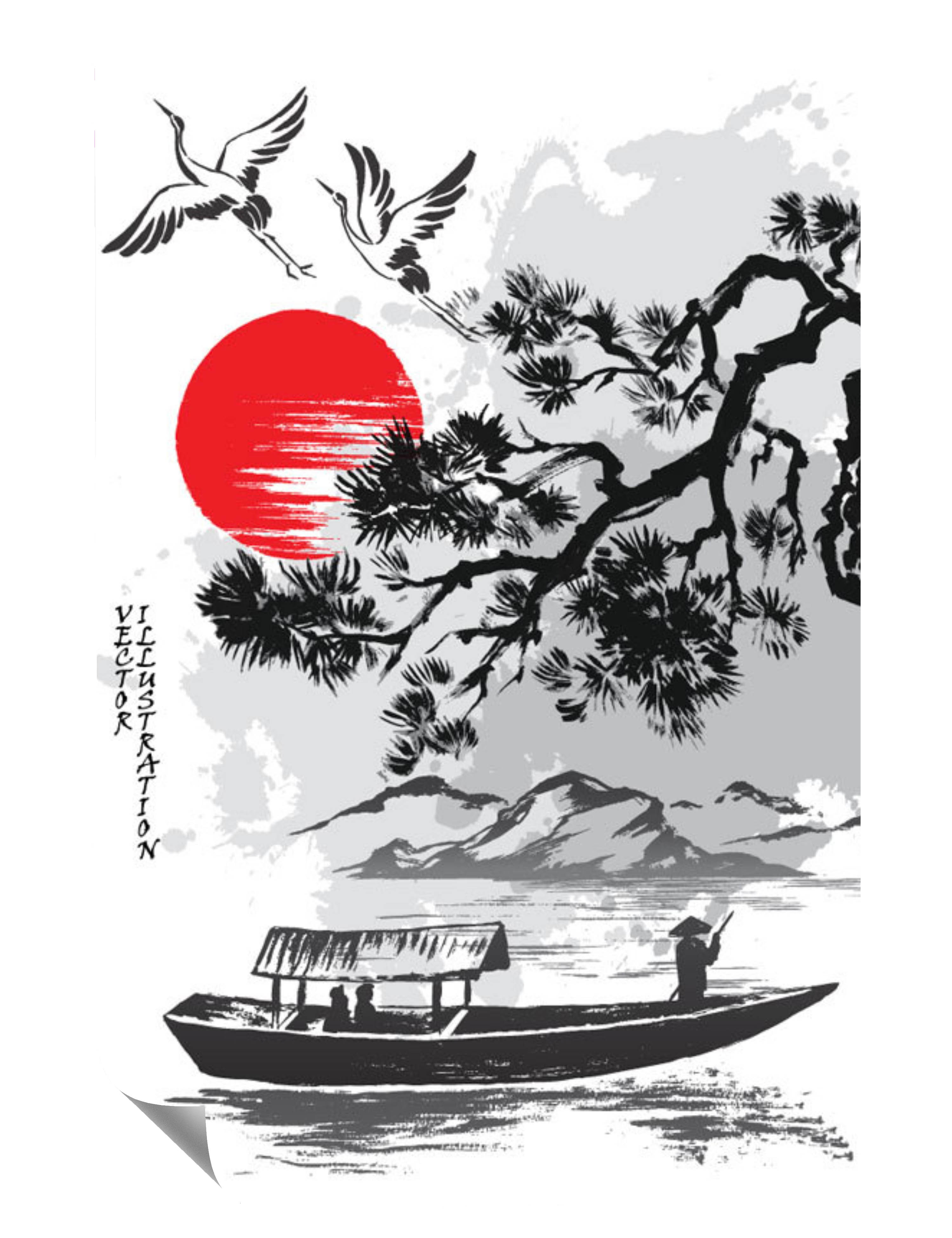 Asiatisches Boot  Baum  See  Gebirge Störche Sonne Poster P0080