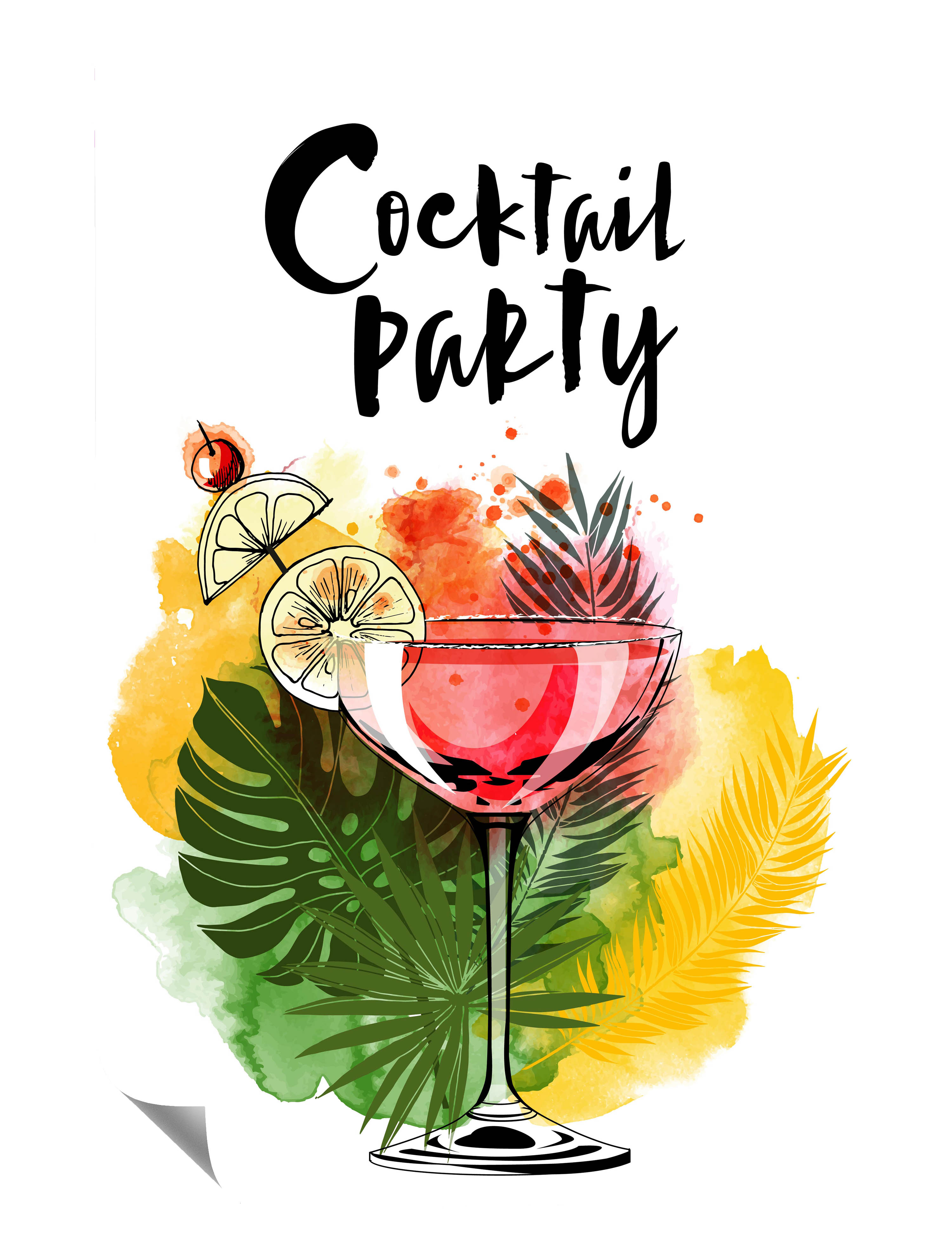 Cocktail Party Glas Zitronen Blätter Gemalt Kunstdruck Poster P0195