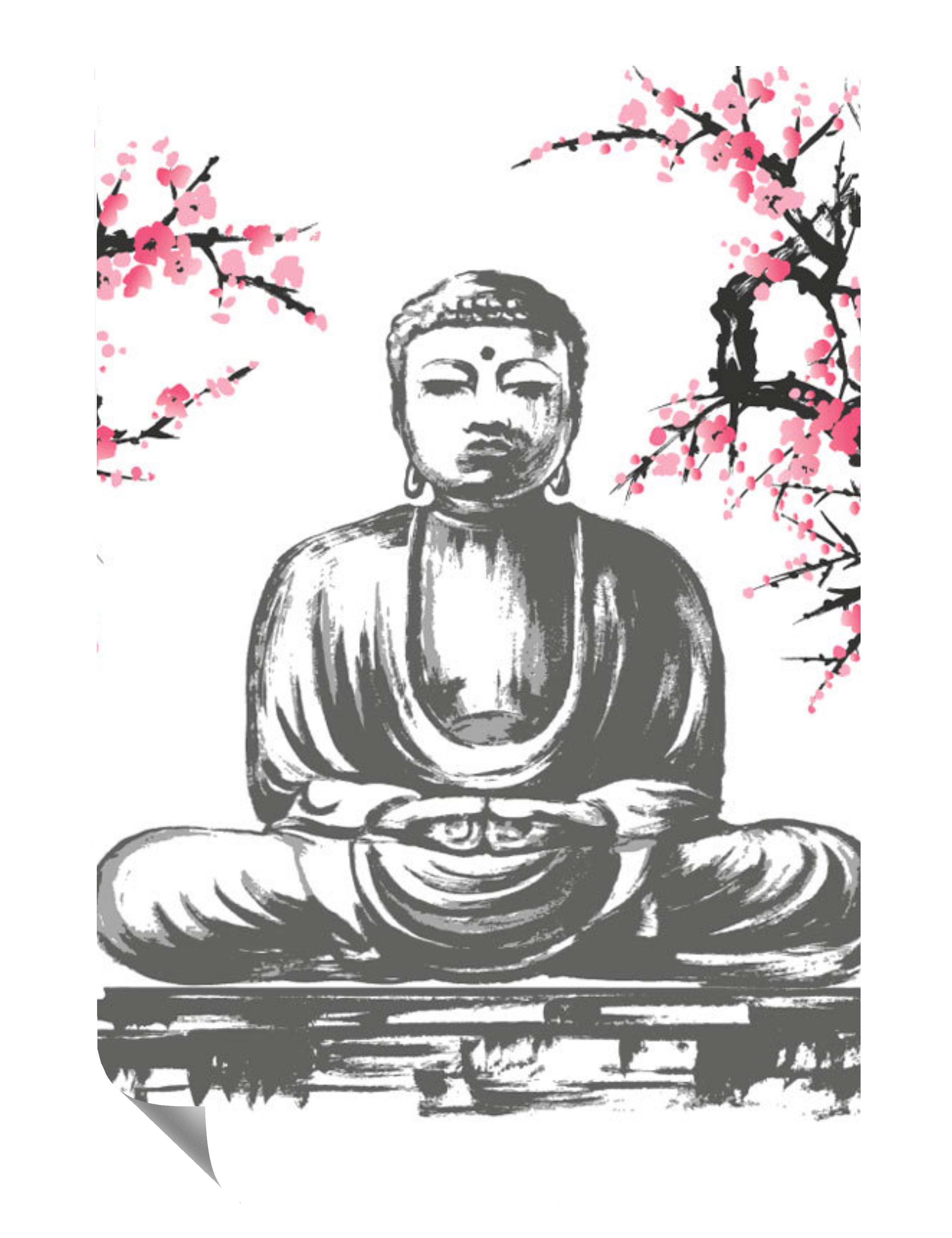 Budda Statue Kirschblüten Zeichnung Poster P0189
