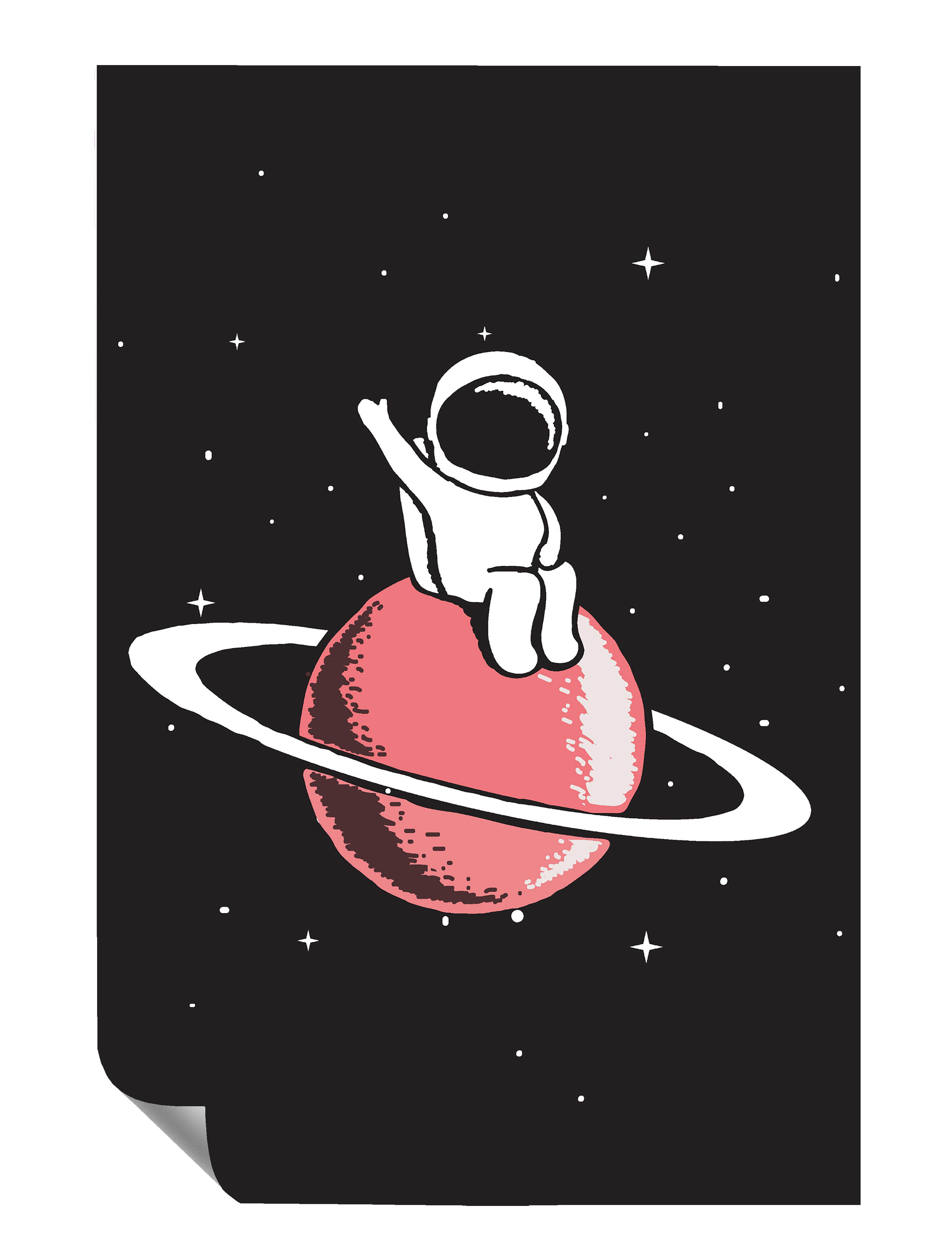 Kleiner Astronaut Winkt Saturn Illustration Kunstdruck Poster P0451