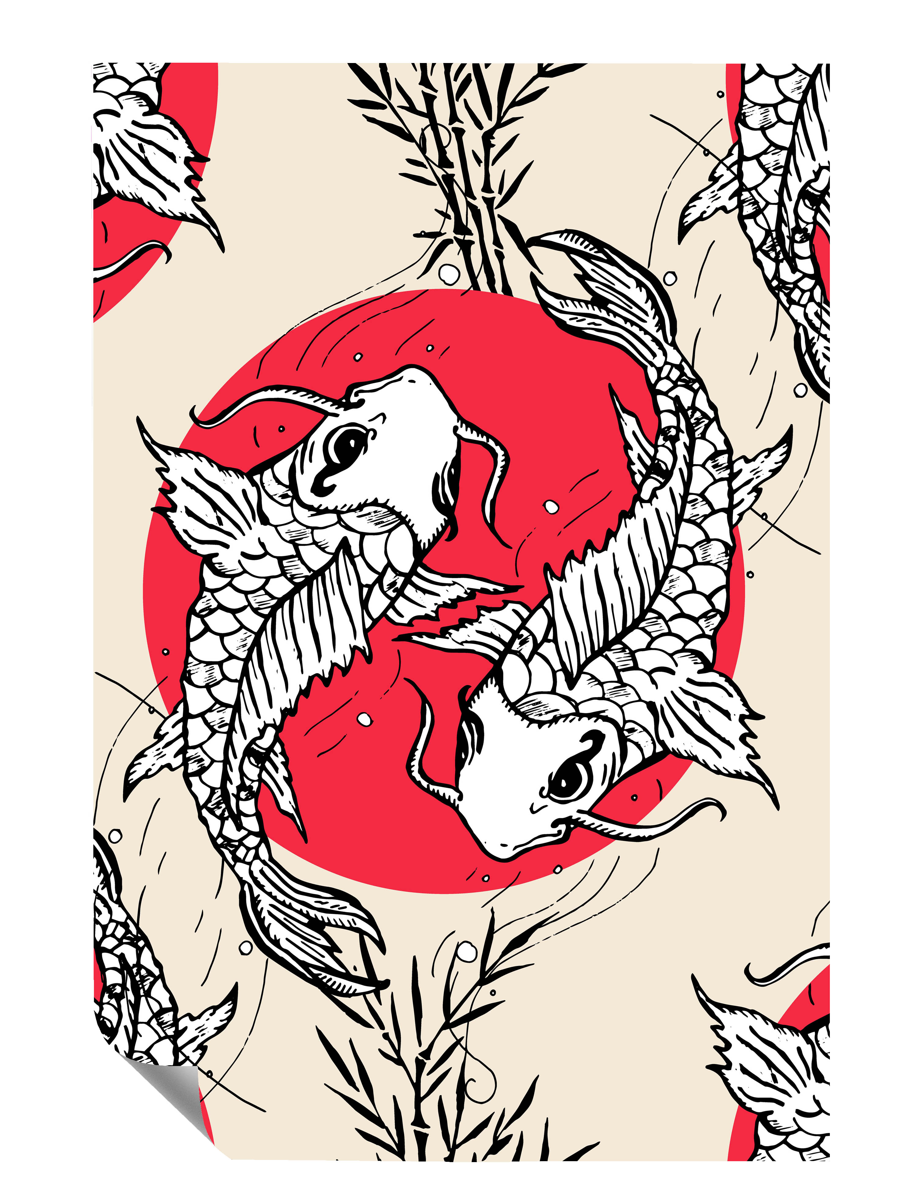 Koi Karpfen Bambuszweige Rote Sonne Poster P0092