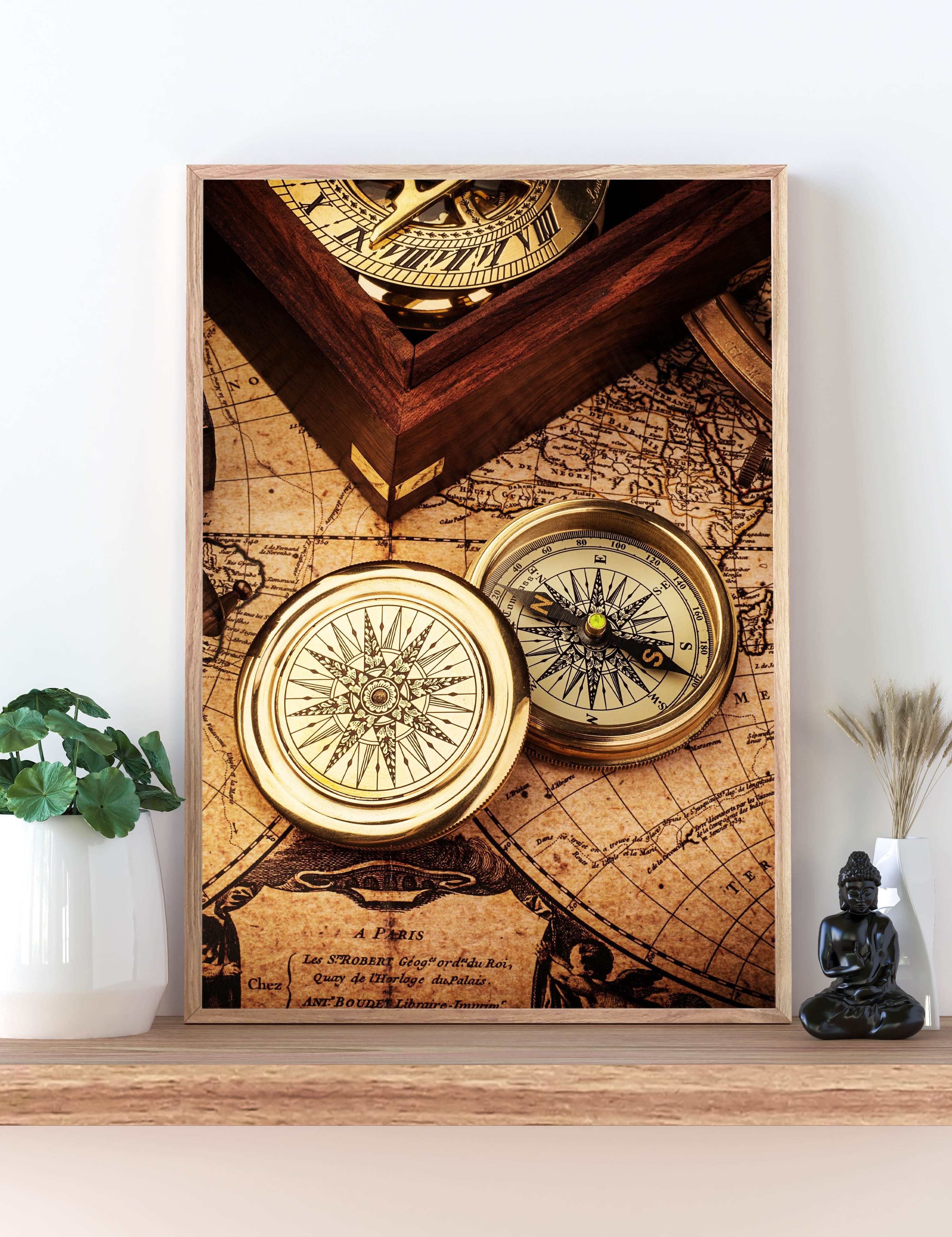 Kompass Landkarte Sonnenuhr Retro Poster P0076