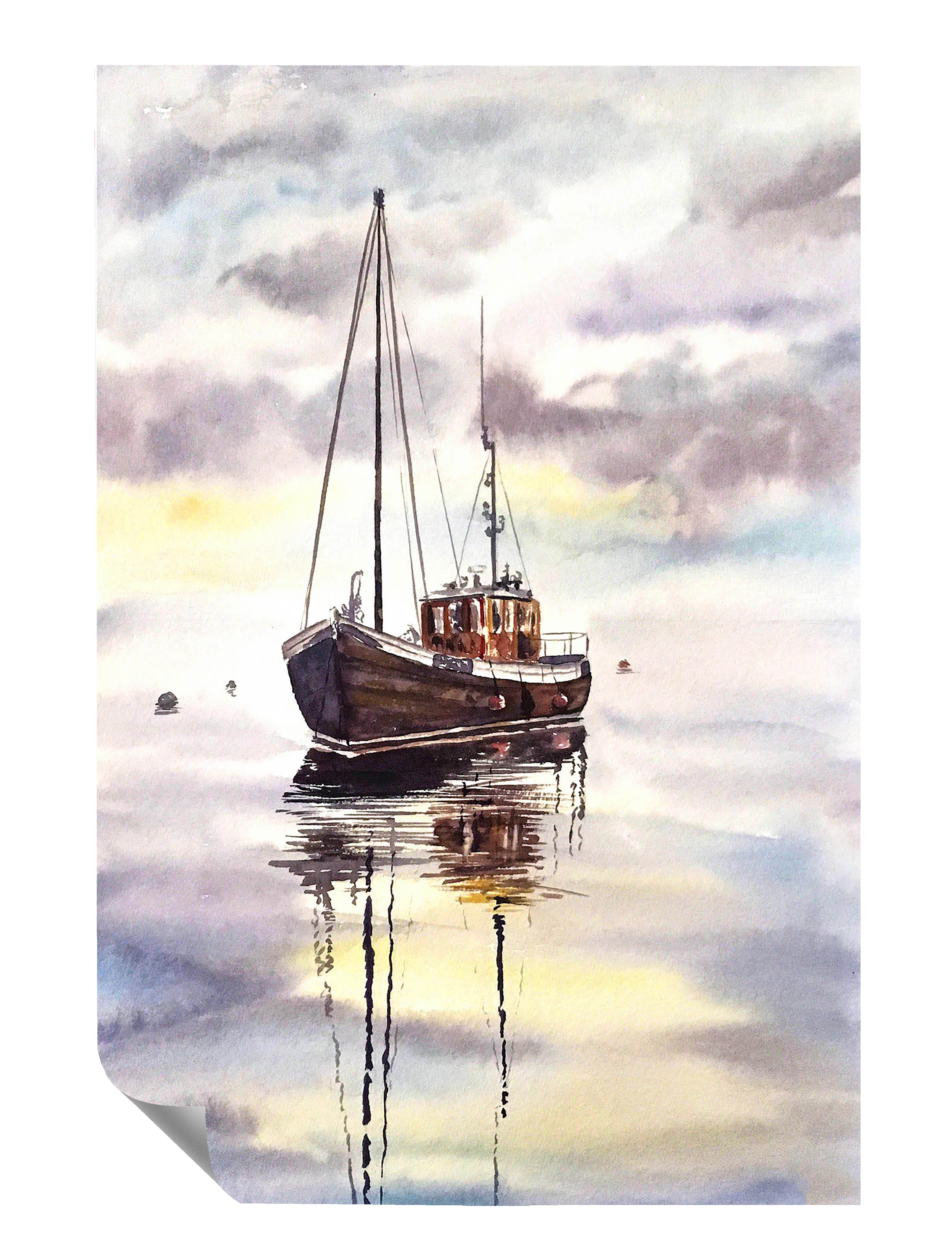Aquarell-Optik Fischfangboot Meer Horizont Wolken Poster P0038