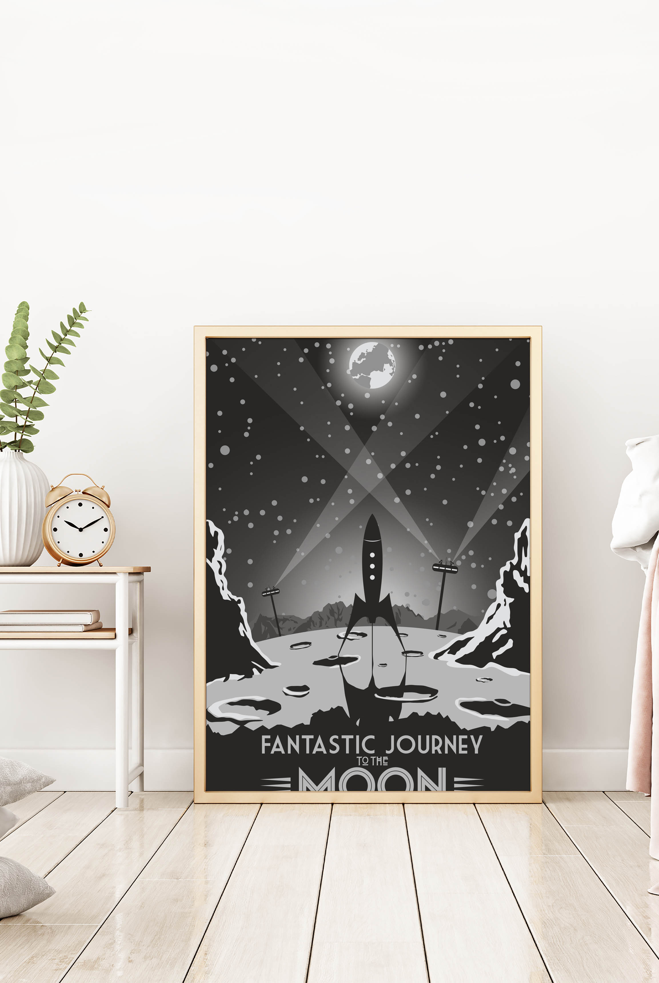 Retro Rakete Journey To Moon Illustration Poster P0422