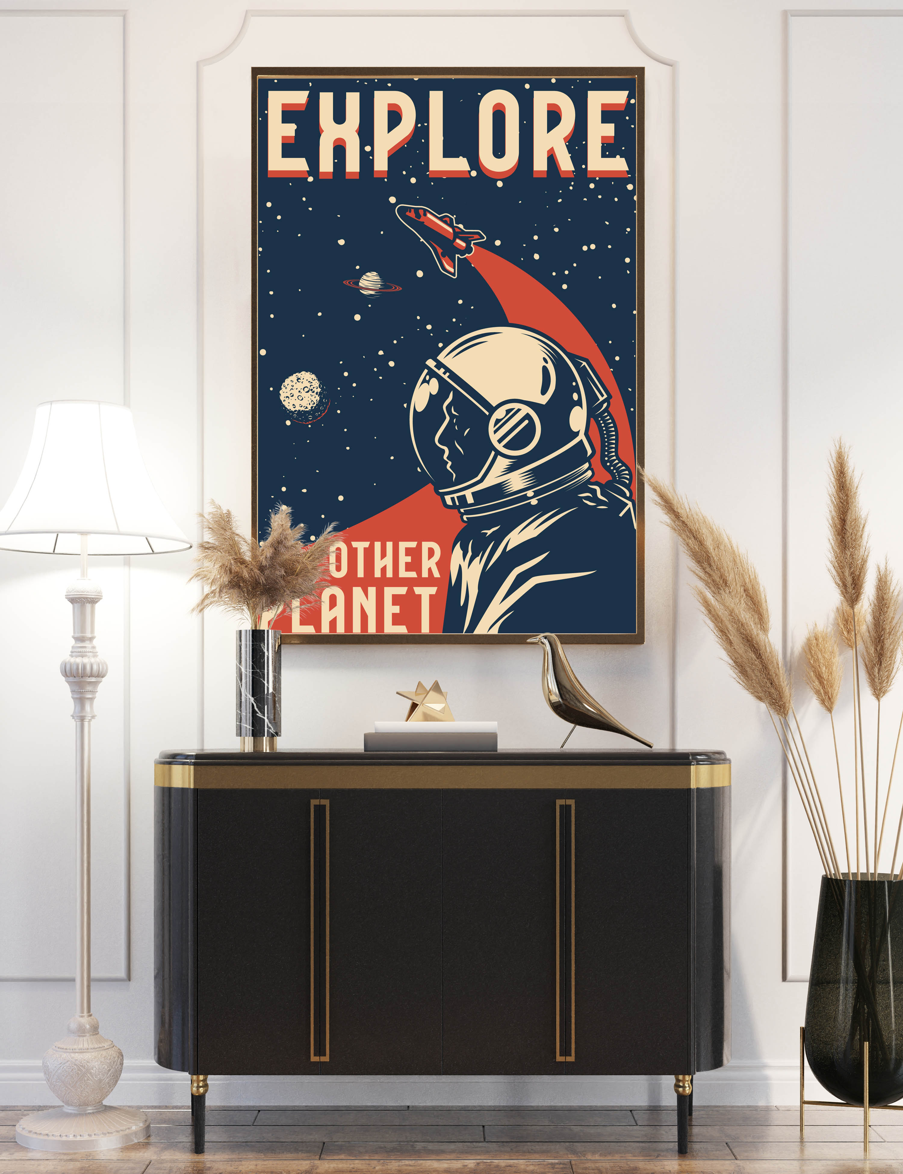 Retro Space Explore Other Planet Illustration Poster P0424