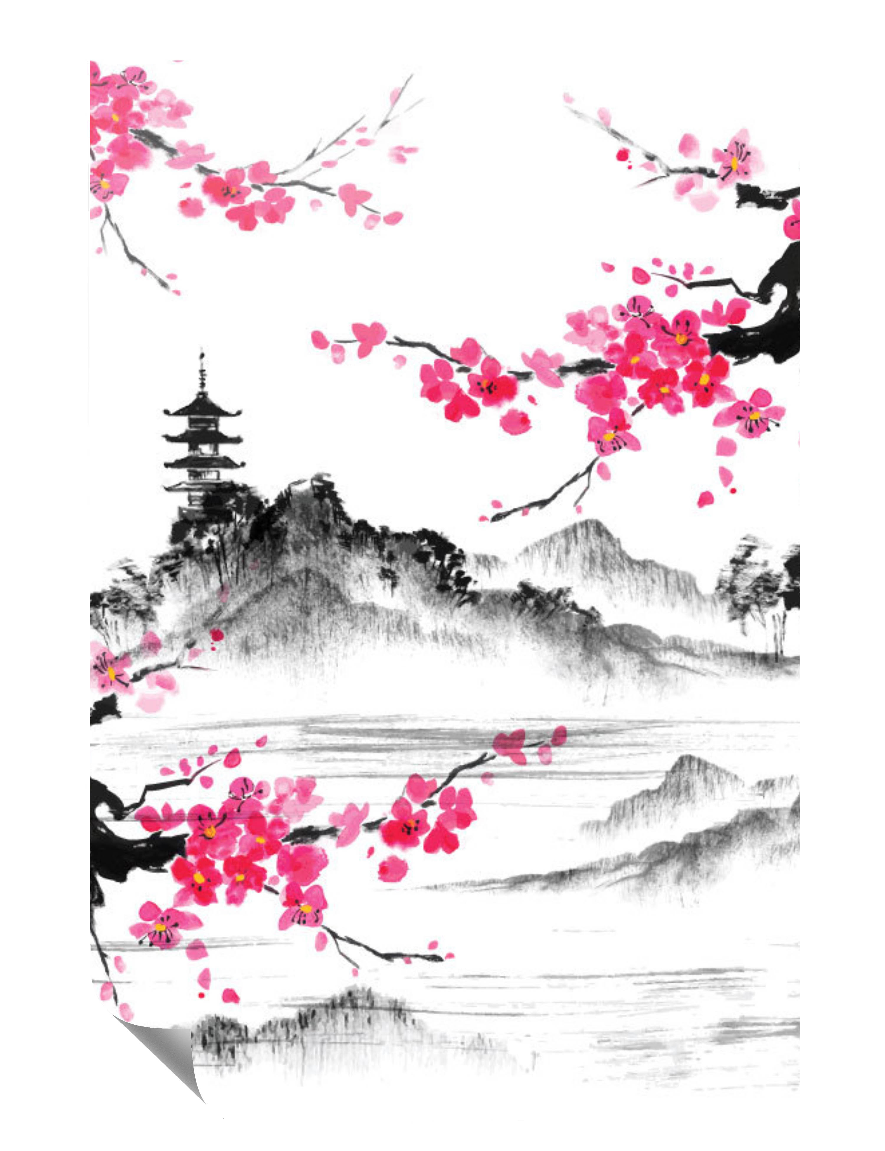 Kirschblüte See Landschaft Asiatisches Gebäude Poster P0072