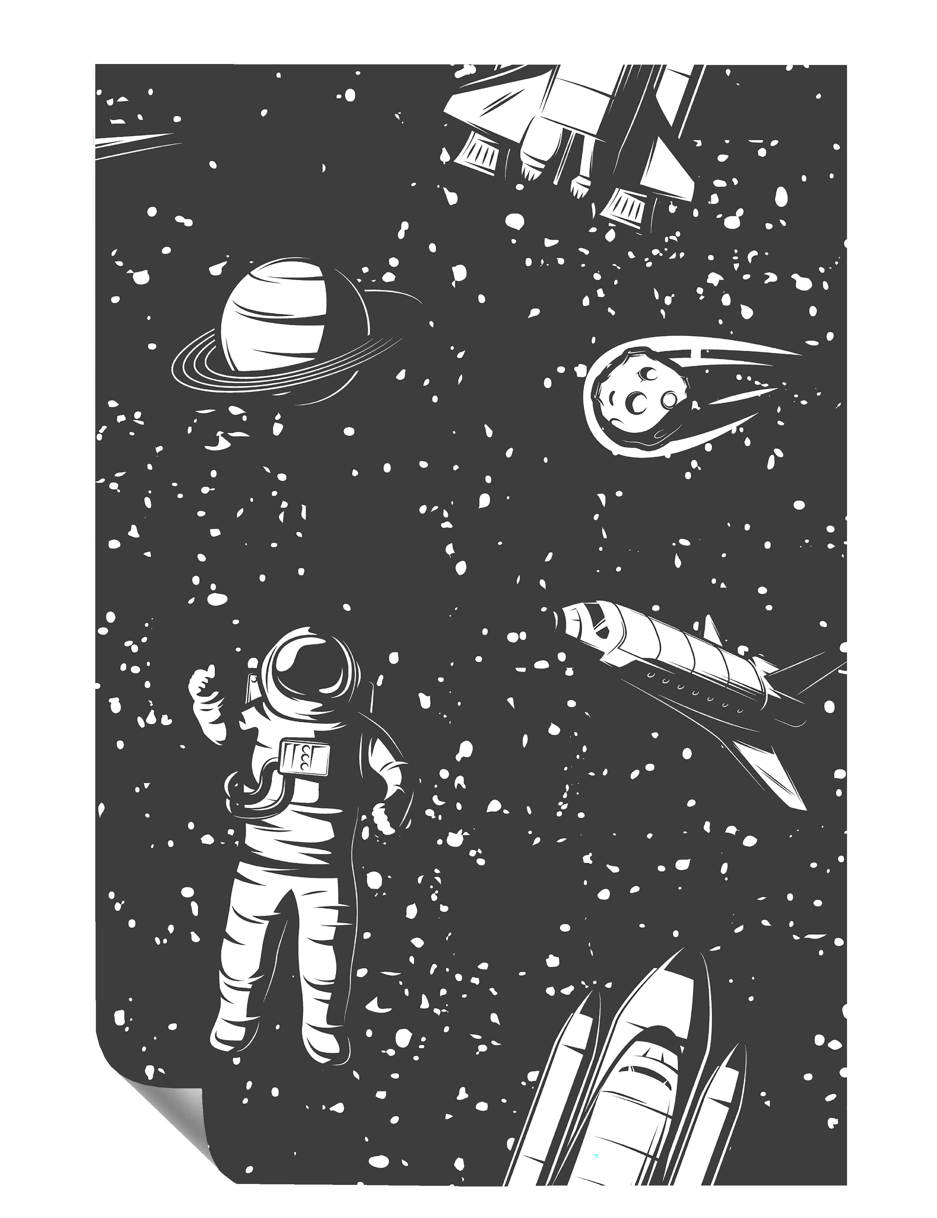 Astronaut Saturn Space Shuttle Komet Illustration Kunstdruck Poster P0443