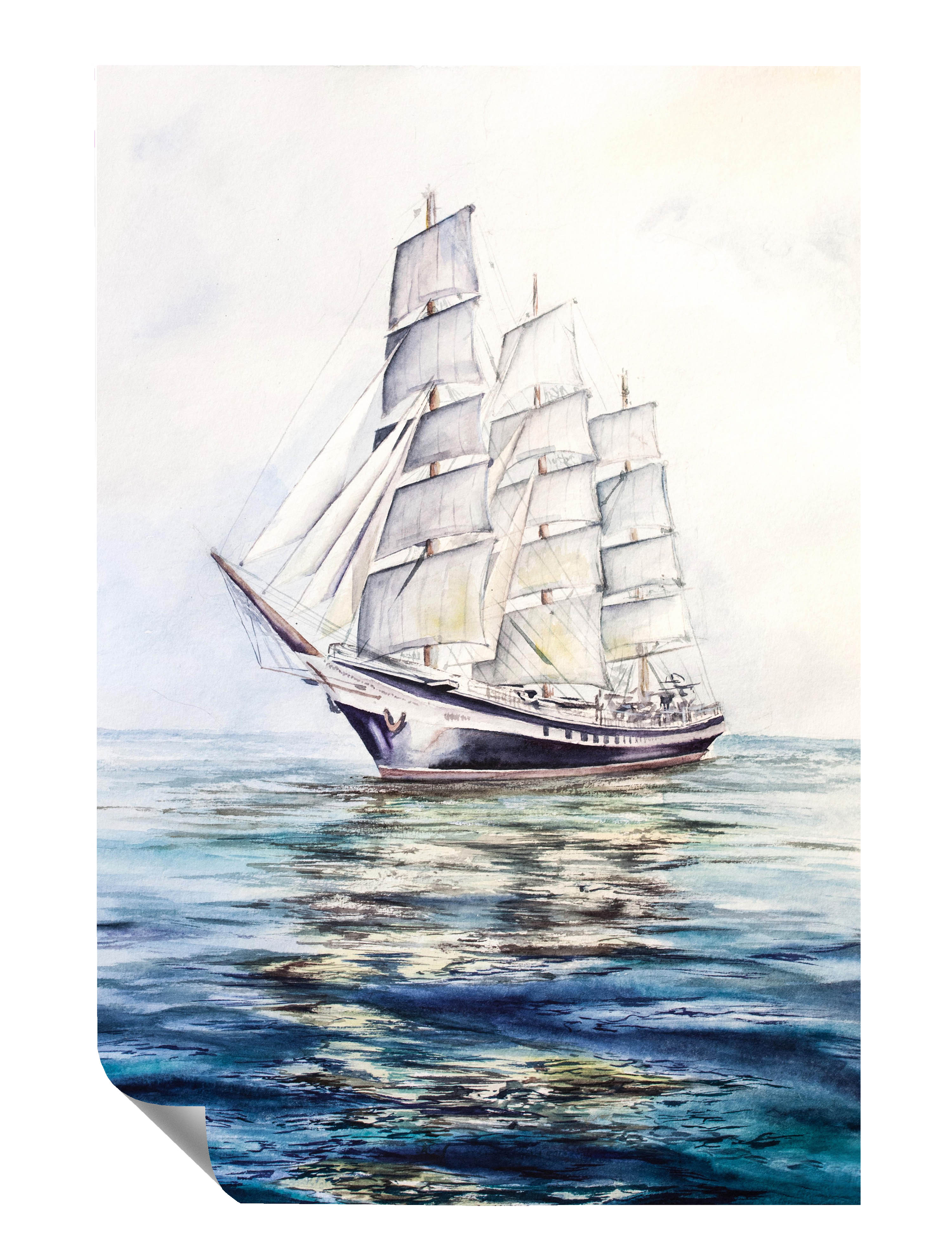 Aquarell-Optik Segelschiff Dreimaster Weiße Segel Poster P0091