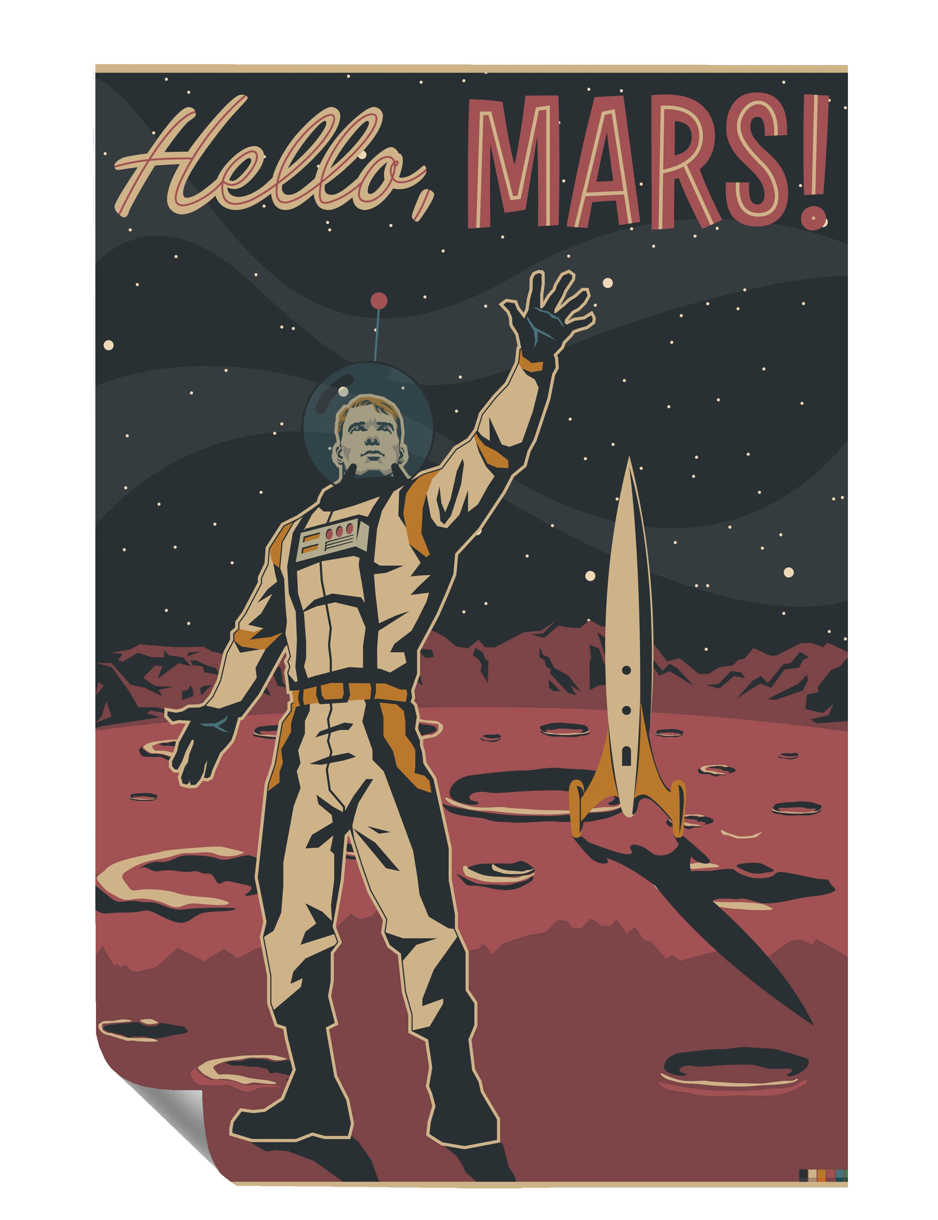 Retro Astronaut Rakete Hello Mars Illustration Poster P0427