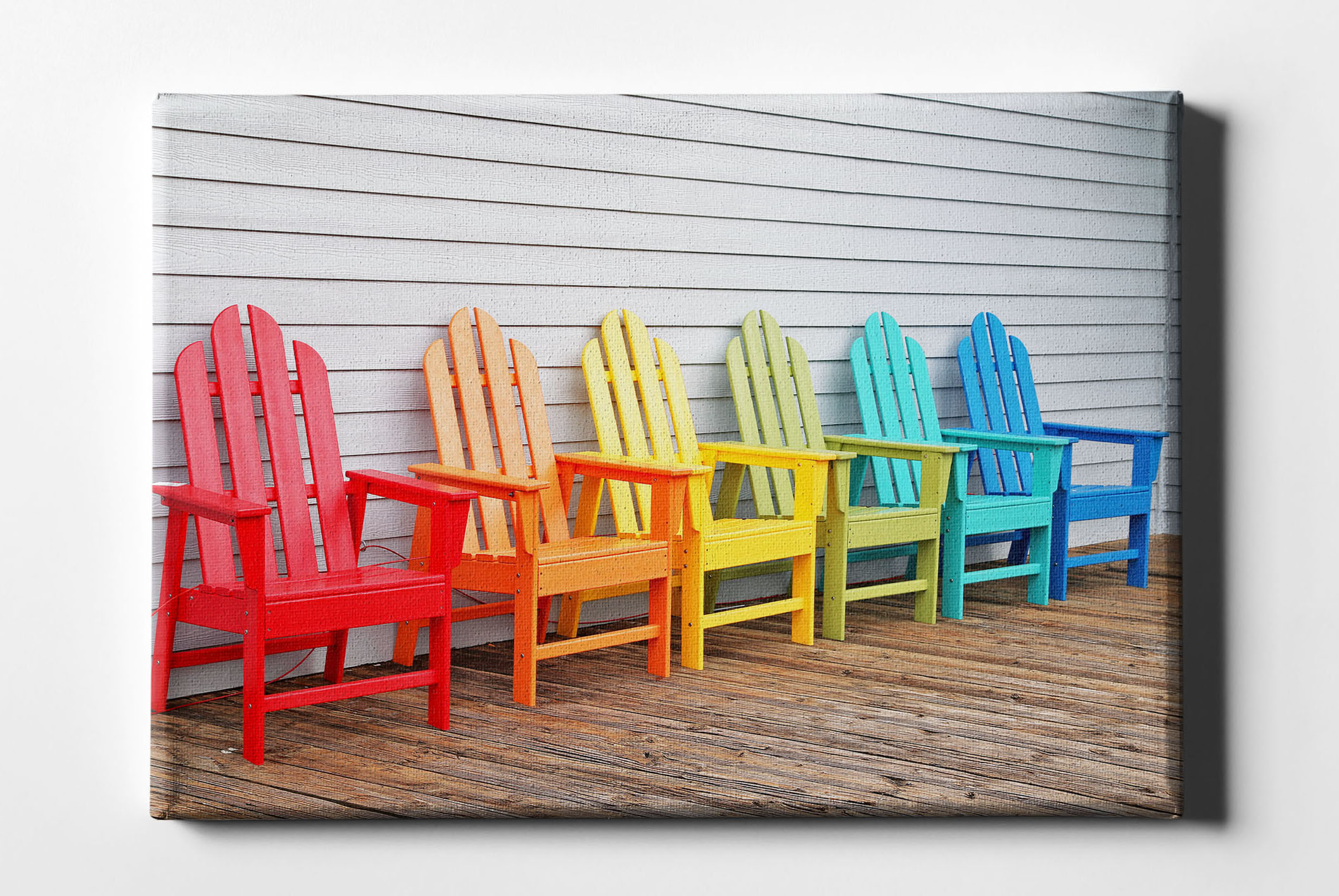 Farben Bunte Holzstühle auf Holzterrasse Leinwand L0187