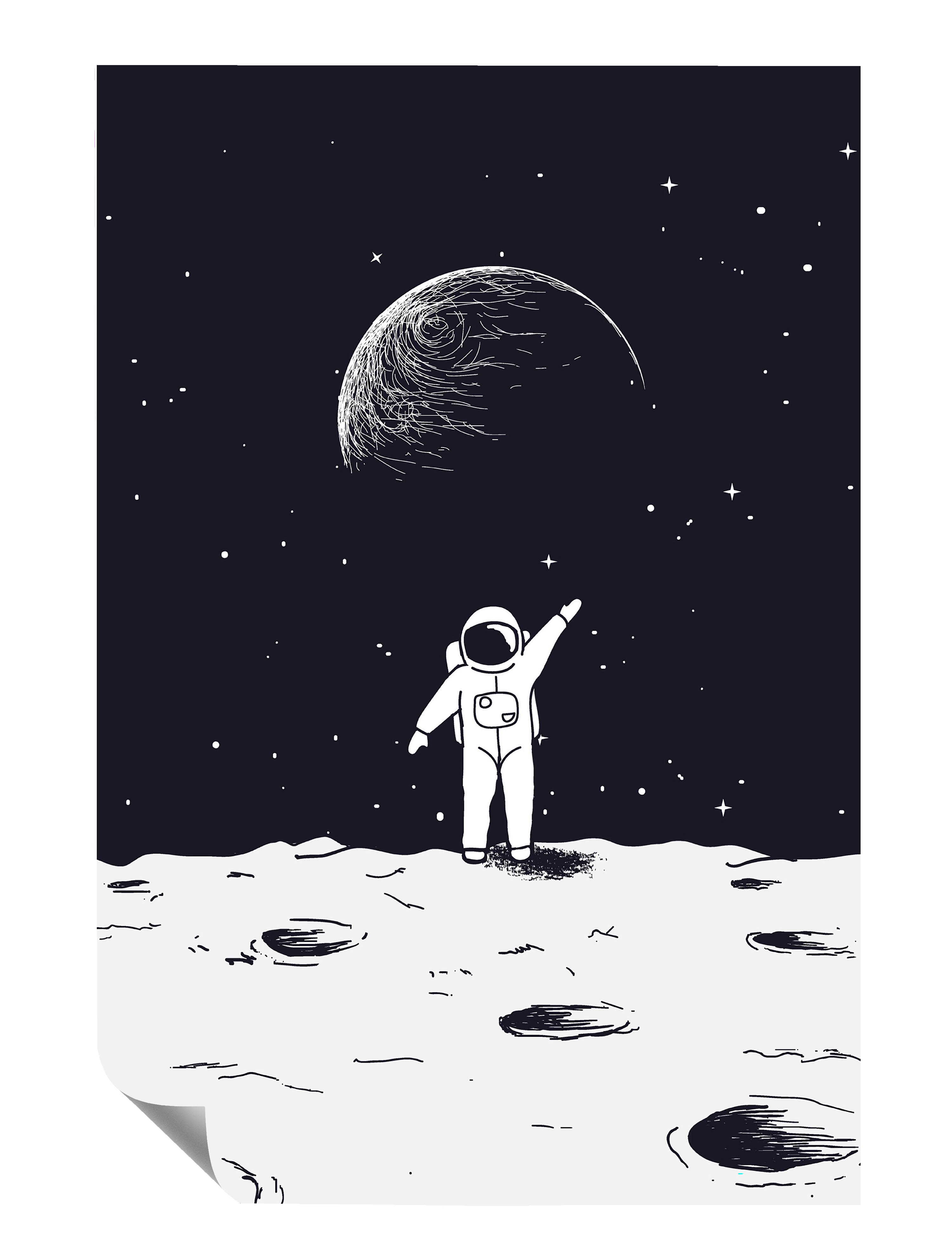 Astronaut Mond Erde Weltraum Illustration Kunstdruck Poster P0440